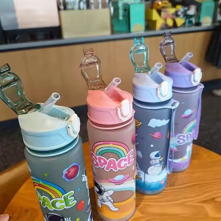 Plastic kids children portable cartoon frosted school student cup water bottle with straw