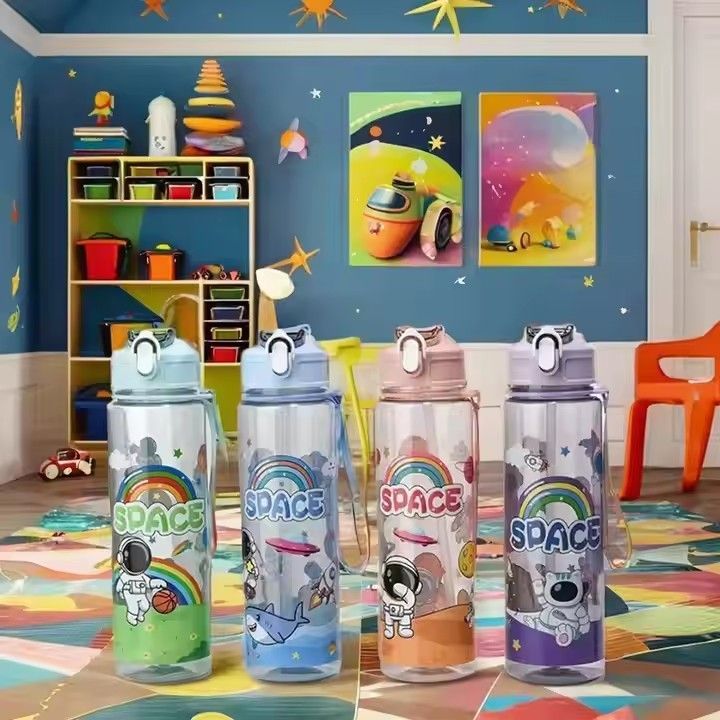 Plastic kids children portable cartoon frosted school student cup water bottle with straw