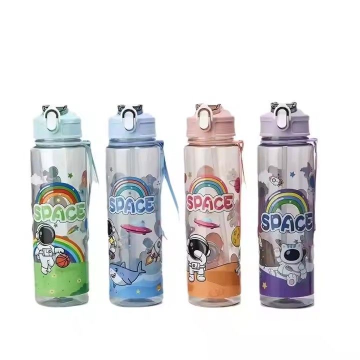 Plastic kids children portable cartoon frosted school student cup water bottle with straw