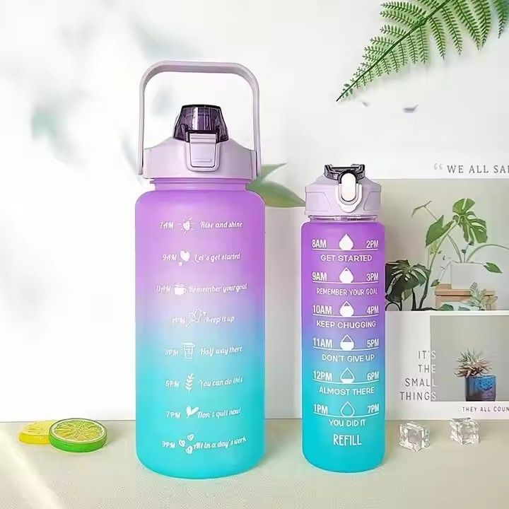 Wholesale 2pcs set motivational water bottle sports plastic water bottle with straw for kids school