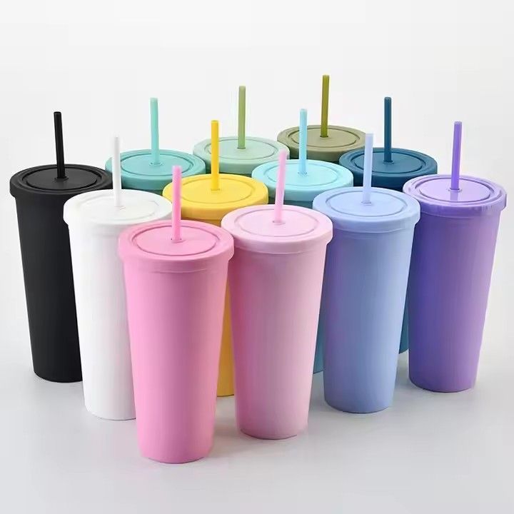 Simple modern reusable double wall BPA free iced coffee cups frosted tumbler plastic cup with straw and lid