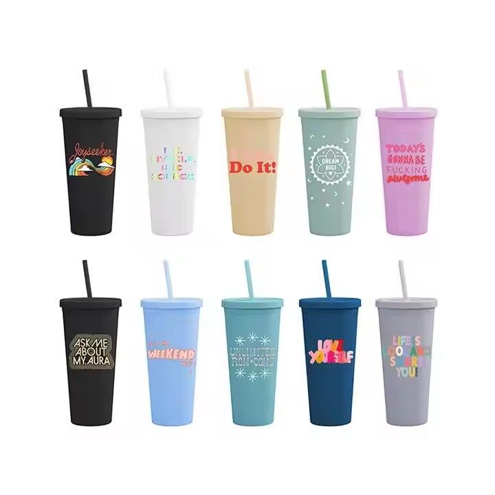 Simple modern reusable double wall BPA free iced coffee cups frosted tumbler plastic cup with straw and lid