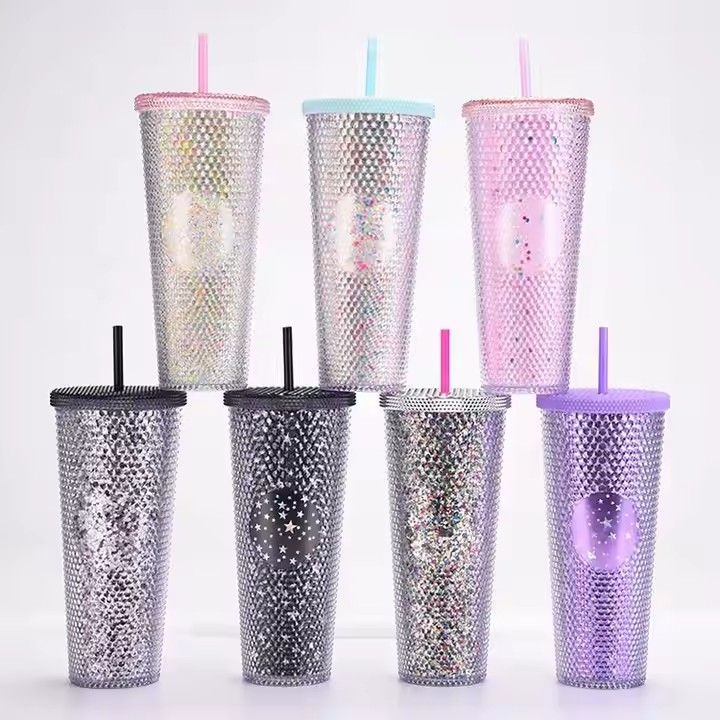 Hot sale double-layer plastic straw drinking cup custom logo 24 oz multi colors durian tumbler with lid and straw