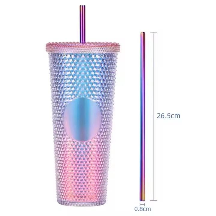 Hot sale double-layer plastic straw drinking cup custom logo 24 oz multi colors durian tumbler with lid and straw