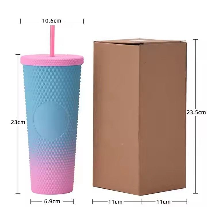 Hot sale double-layer plastic straw drinking cup custom logo 24 oz multi colors durian tumbler with lid and straw