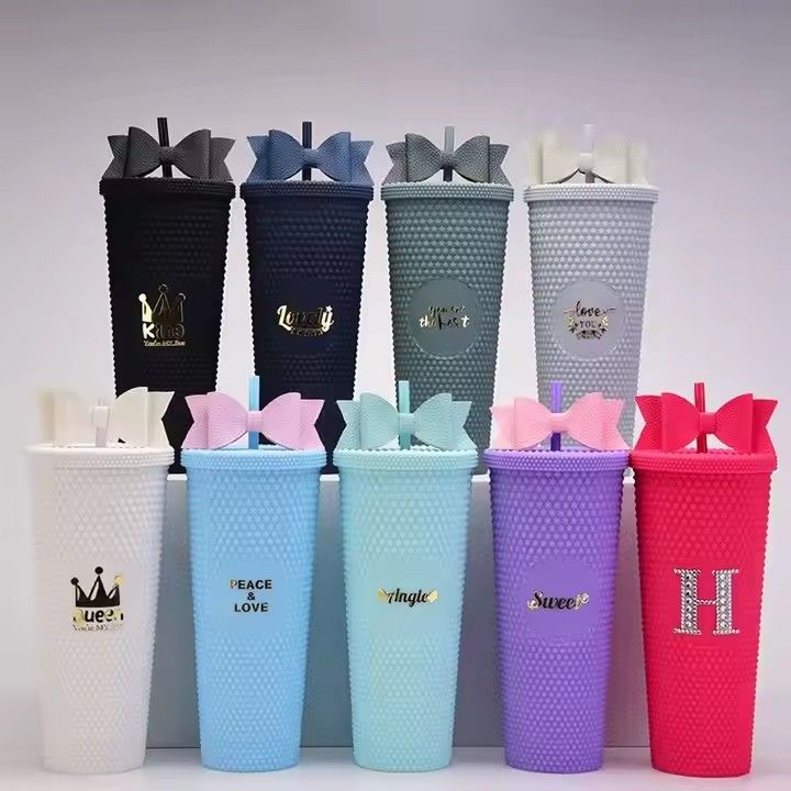 Double wall large capacity studded bow tie mug 24oz plastic AS durian cups with lids and straws