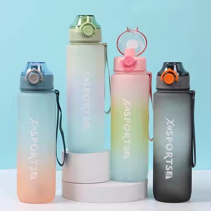 Creative frosted gradient color 1000ml portable space cup sports plastic water bottle