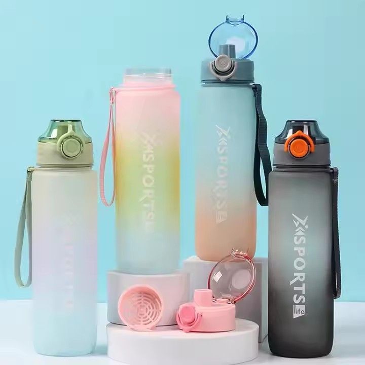 Creative frosted gradient color 1000ml portable space cup sports plastic water bottle