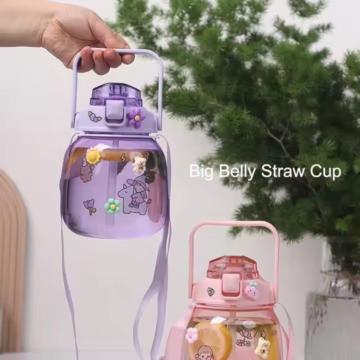 1300ml leak-proof cute large capacity straw belly cup plastic water cup with strap