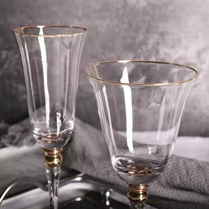 European Style Wedding Gold Rim Red Etched Thick Stem Wine Glass Set Factory Good Design for Champagne Glasses & Flutes