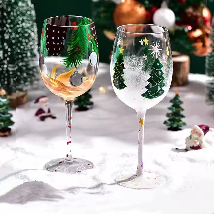 2024 Christmas Decorations Gifts Crystal Christmas Tree Stem Wine Glass Handpainted Goblet