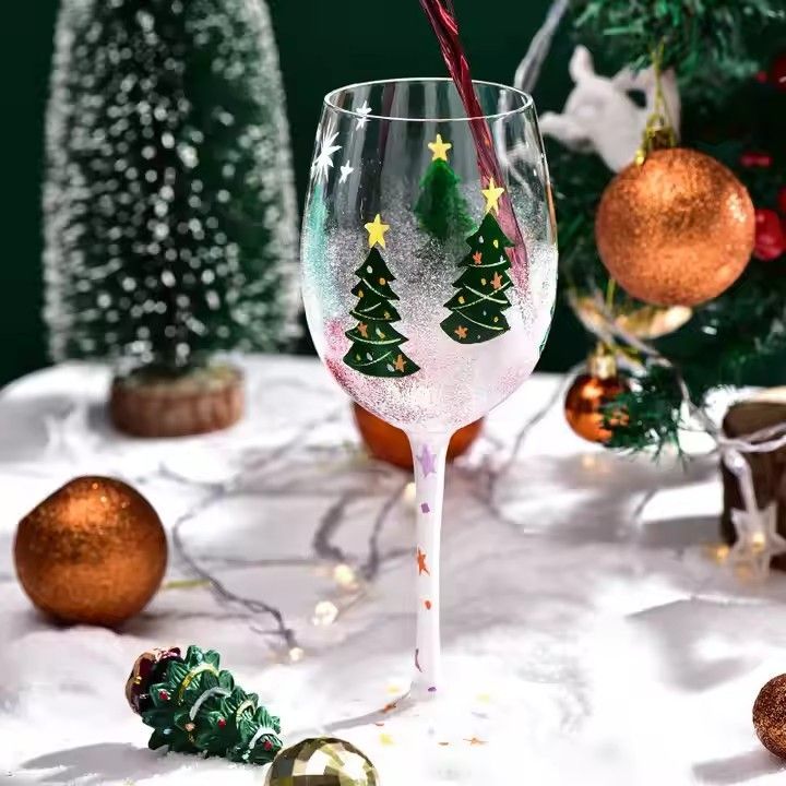 2024 Christmas Decorations Gifts Crystal Christmas Tree Stem Wine Glass Handpainted Goblet