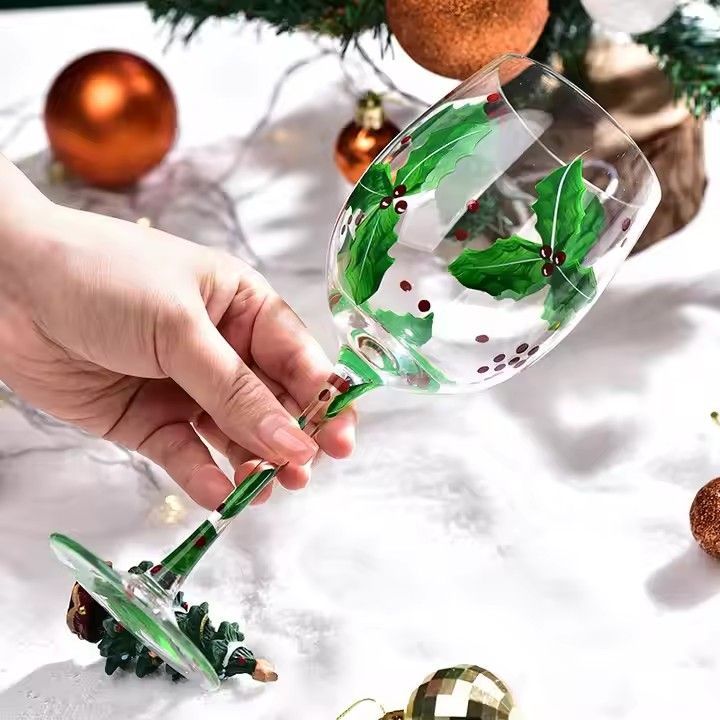 2024 Christmas Decorations Gifts Crystal Christmas Tree Stem Wine Glass Handpainted Goblet