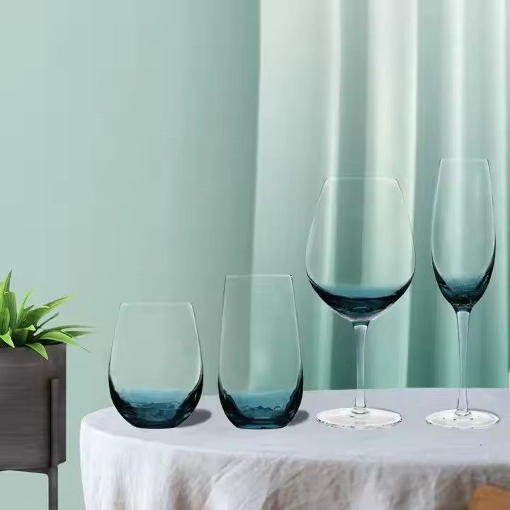 Handmade Blue Stemless Crackle Wine Glasses Cups Large Crystal Red Wine Tumblers Aesthetics Glassware