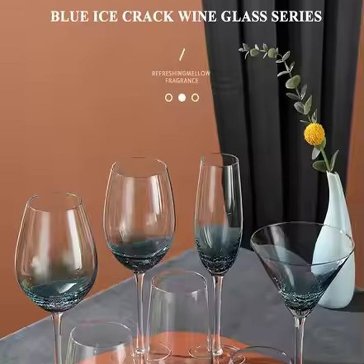 Handmade Blue Stemless Crackle Wine Glasses Cups Large Crystal Red Wine Tumblers Aesthetics Glassware