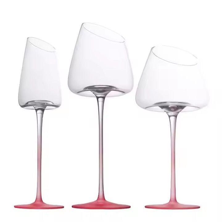 Pink Hand-made oblique cut wine goblet slant rim champagne glass For Birthday Wedding Party