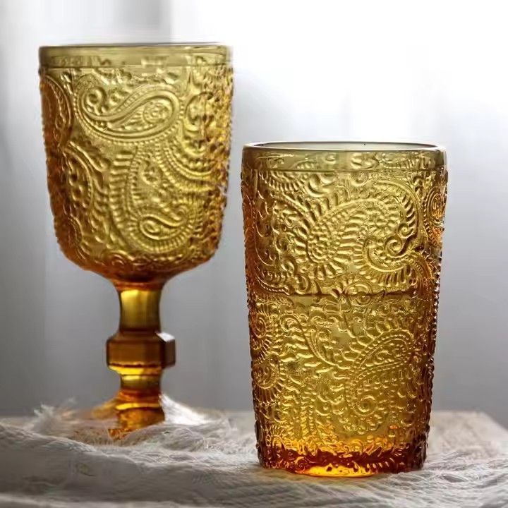 Wholesale Custom hand blown Vintage Embossed Amber Colored Goblets red Wine glasses set for Wedding