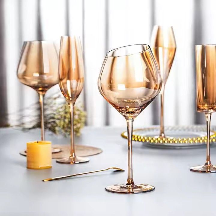 Cheap Handmade Lead Free Colored Wine Glasses Wedding Event Party Crystal Champagne Flutes Electroplated Amber Wine Glass Goblet