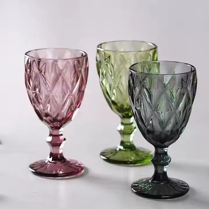 Vintage wine goblet glass Embossed Design Glassware Pressed Machine pressed glass color wine glasses