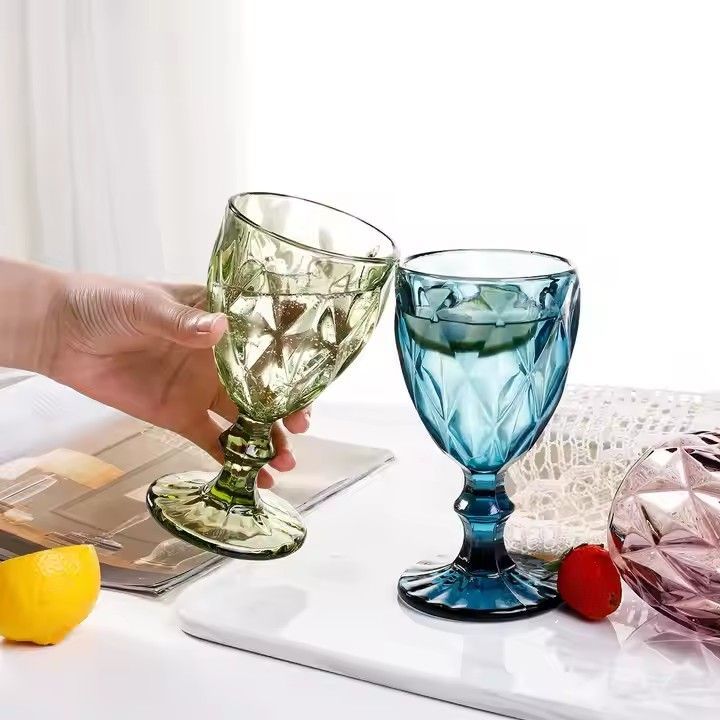 Vintage wine goblet glass Embossed Design Glassware Pressed Machine pressed glass color wine glasses