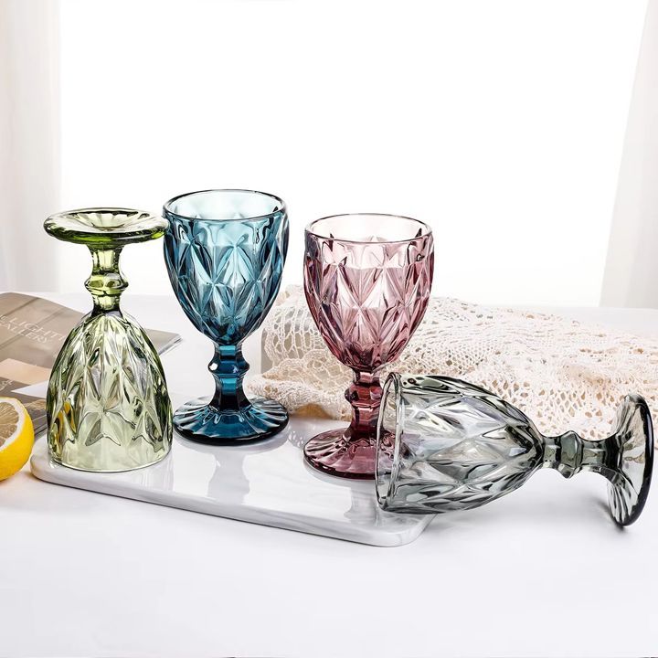 Vintage wine goblet glass Embossed Design Glassware Pressed Machine pressed glass color wine glasses