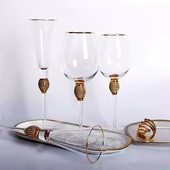 Most popular wholesale stem crystal wine glass diamond with golden rim