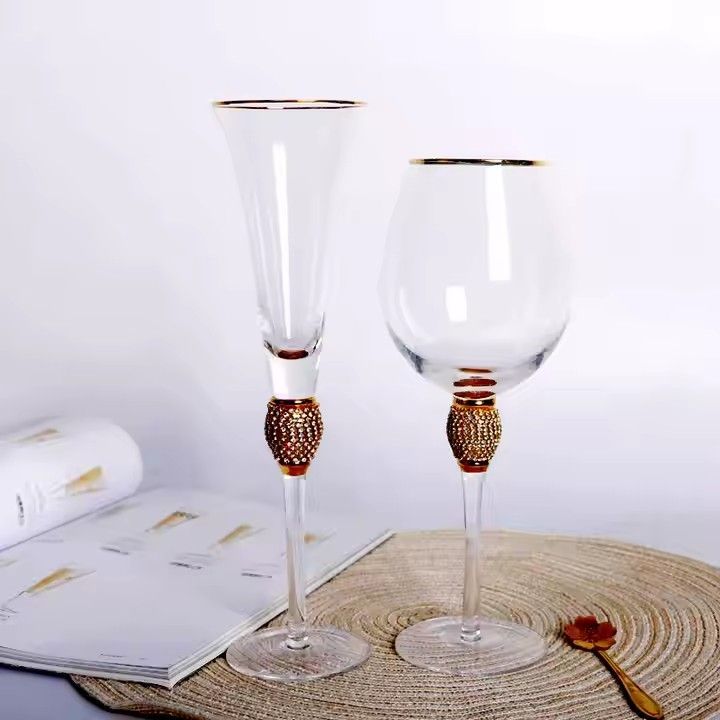 Most popular wholesale stem crystal wine glass diamond with golden rim