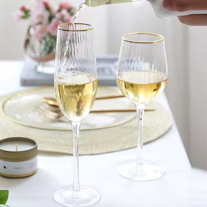 OEM lead-free cry stal vertical champagne glass flute wine glasses with gold rim