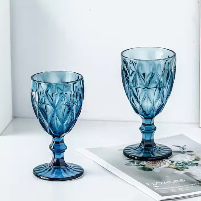 Wholesale Glassware Colored Goblet Wine Glasses Water Glass Pressed Blue vintage Goblets glass