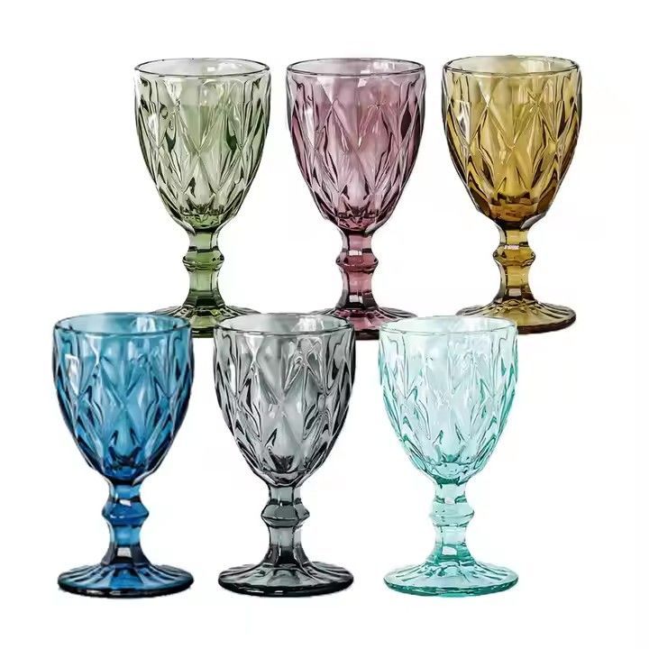 Wholesale Glassware Colored Goblet Wine Glasses Water Glass Pressed Blue vintage Goblets glass