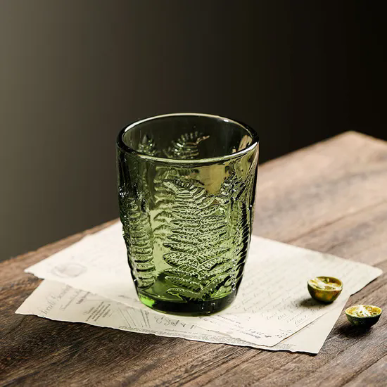 Customized Cheap Ferns Pattern Pressed Color Glassware Highball Glass Cups Stemless Glass Tumbler