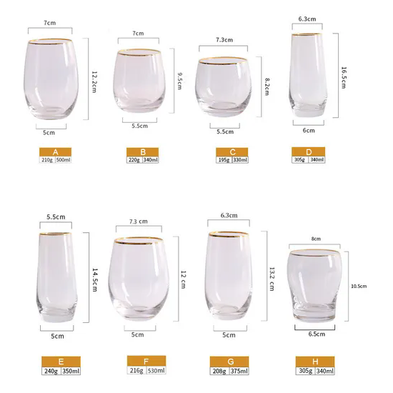 Clear Glass Gold Rim Customized Old Fashion Crystal Stemless Drinking Wine Glass Shot Wine Whisky Glasses Cup