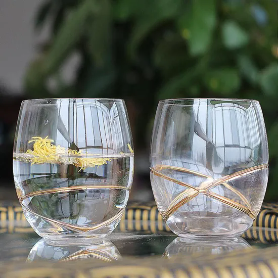 Handmade High-Quality Blown Crystal Glass Horeca Hotel Highball Water Drinking Cup with Hand Crafted Engraved Flower Design