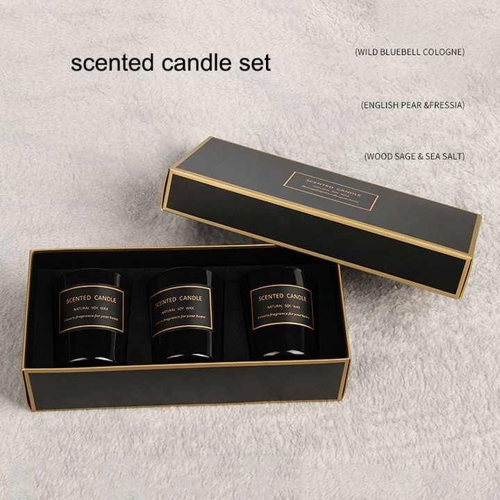 Gift cotton candle wick soy wax candle aromatherapy 3pcs black glass scented candle set