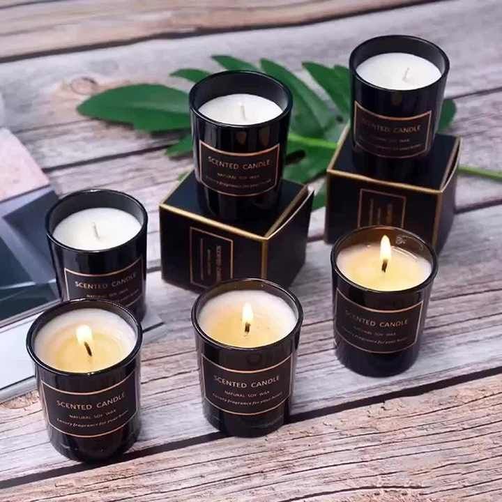 Gift cotton candle wick soy wax candle aromatherapy 3pcs black glass scented candle set