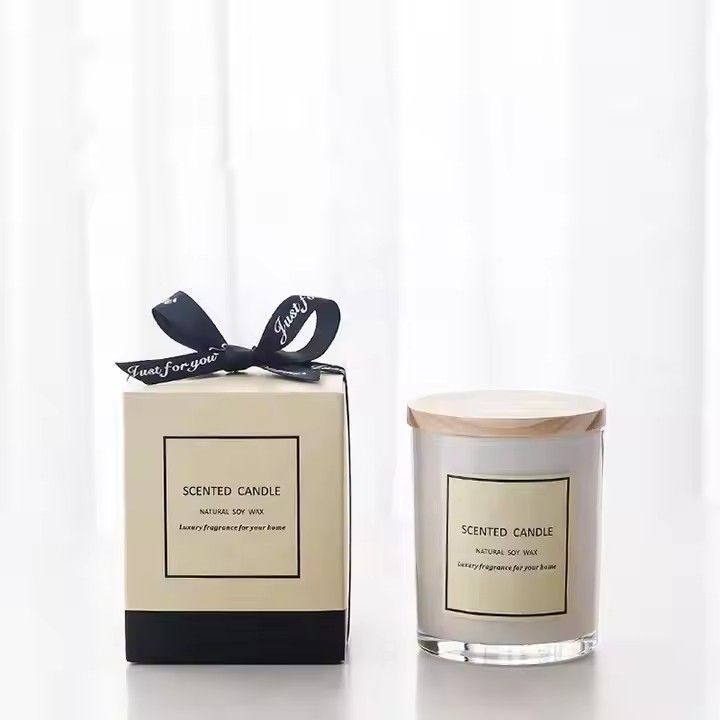 Soy wax scented candle for men & women gift box white glass with wooden lid aromatherapy candle