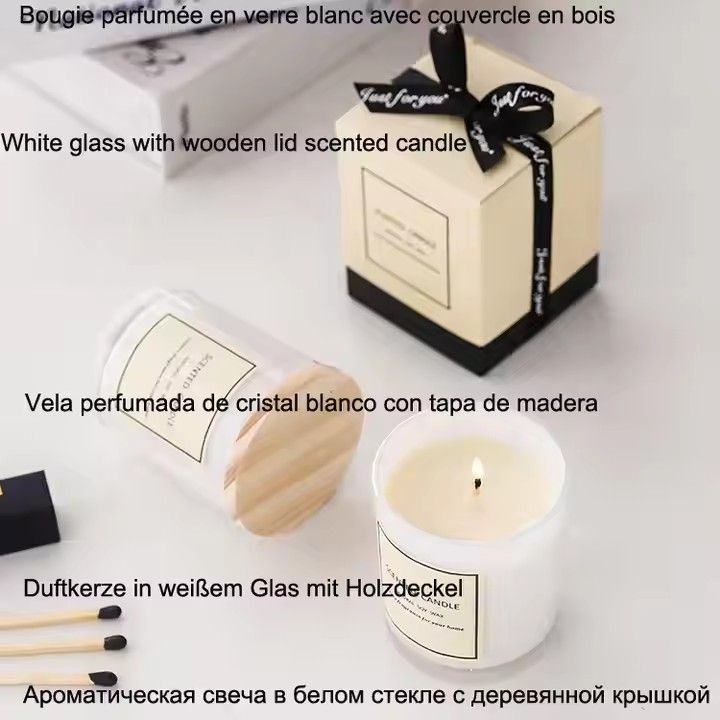 Soy wax scented candle for men & women gift box white glass with wooden lid aromatherapy candle