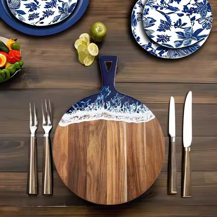 Housewarming gift resin blue wave pattern epoxy resin acacia wood charcuterie board chopping blocks