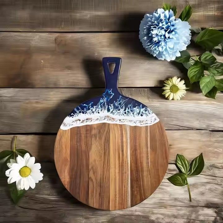 Housewarming gift resin blue wave pattern epoxy resin acacia wood charcuterie board chopping blocks