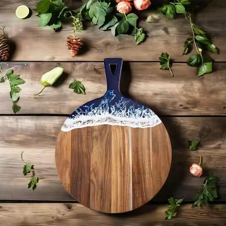 Housewarming gift resin blue wave pattern epoxy resin acacia wood charcuterie board chopping blocks