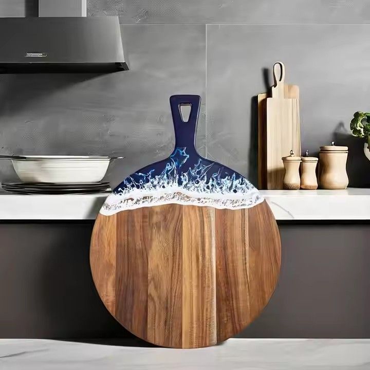 Housewarming gift resin blue wave pattern epoxy resin acacia wood charcuterie board chopping blocks