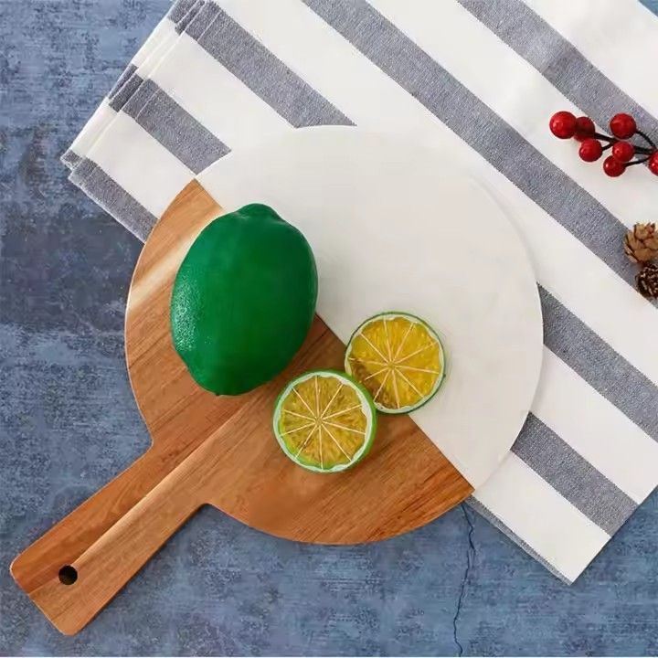 Kitchen restaurant customized acacia wood marble charcuterie cheese cutting board with handle wholesale