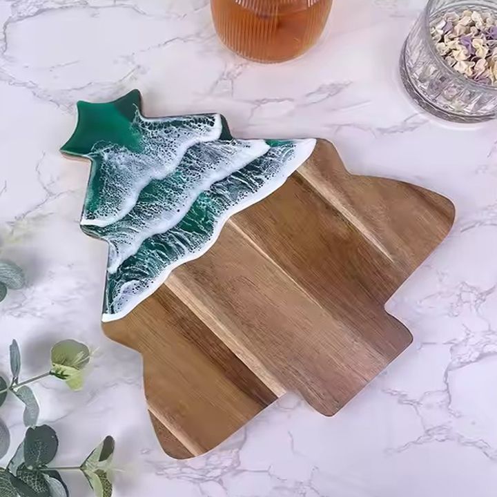 Green wave resin acacia wood charcuterie boards Christmas tree shaped cheese board art epoxy resin cutting board