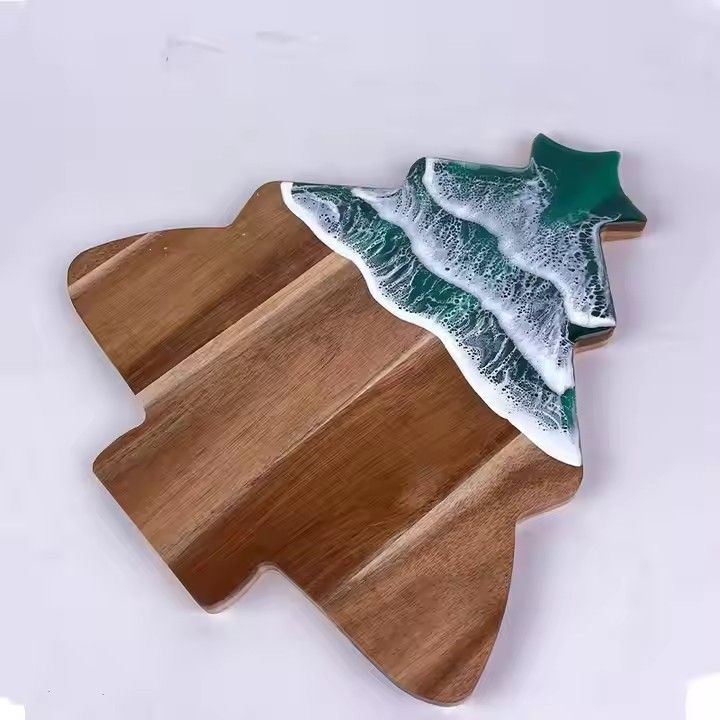 Green wave resin acacia wood charcuterie boards Christmas tree shaped cheese board art epoxy resin cutting board