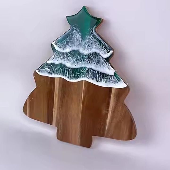 Green wave resin acacia wood charcuterie boards Christmas tree shaped cheese board art epoxy resin cutting board