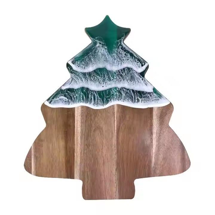 Green wave resin acacia wood charcuterie boards Christmas tree shaped cheese board art epoxy resin cutting board