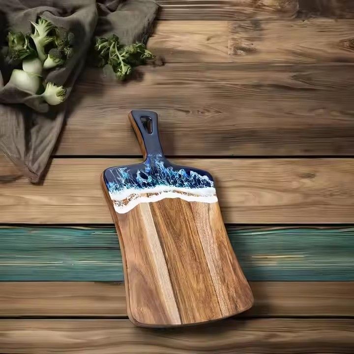 Home kitchen tools wooden charcuterie pizza cheese board exproy resin wood cutting board with handle