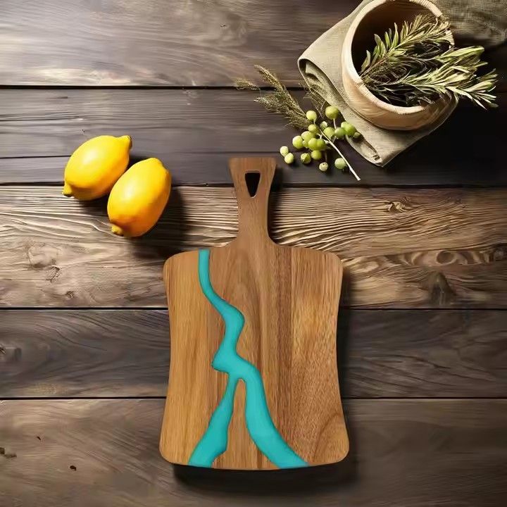 Kitchen restaurant river resin pizza boards reusable acacia wood cutting board and cheese board with handle