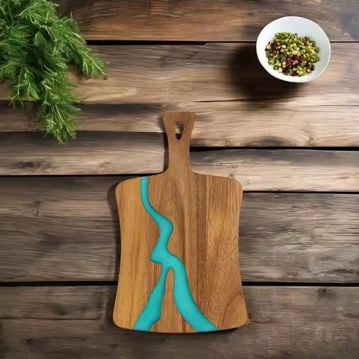 Kitchen restaurant river resin pizza boards reusable acacia wood cutting board and cheese board with handle