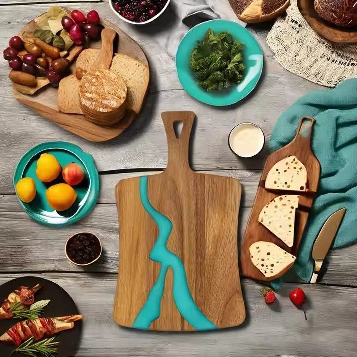 Kitchen restaurant river resin pizza boards reusable acacia wood cutting board and cheese board with handle